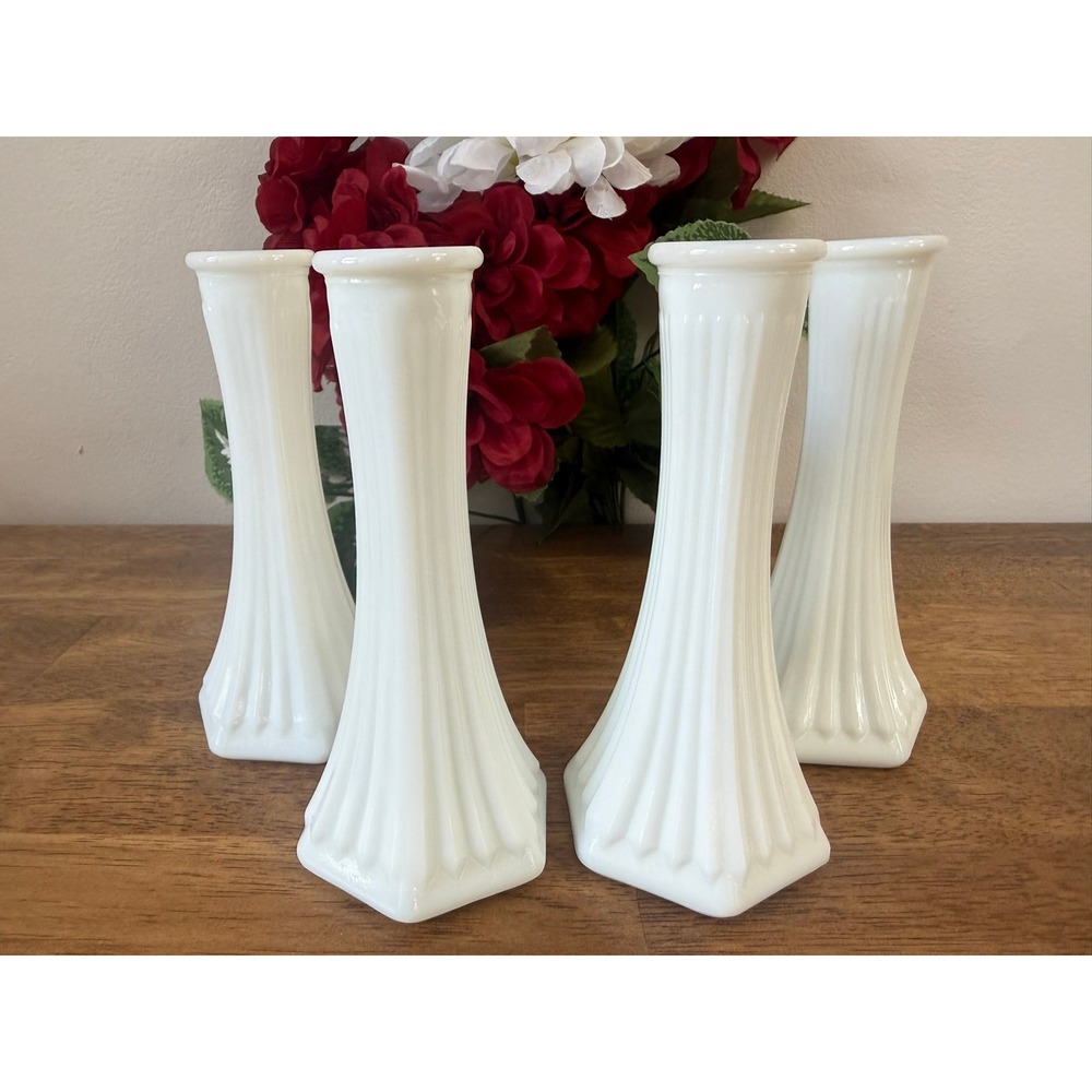 Vintage EO Brody Milk Glass Fluted Pedestal Vase Set‎ MCM Wedding Holiday Decor
